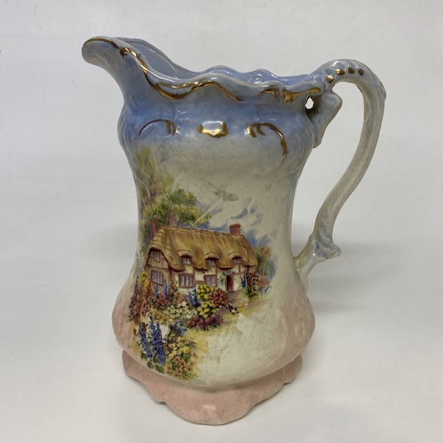 JUG, Antique Blue Pink w Thatched Cottage